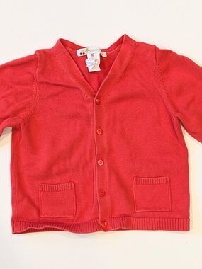 Bonpoint Coral-Red Knit Cardigan with Pockets 18m